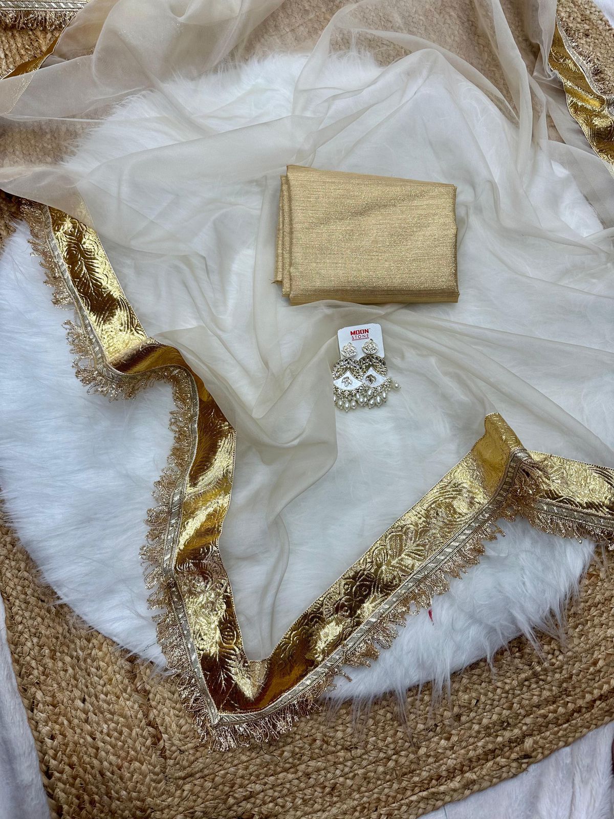 White Organza Saree with Metallic Golden Border