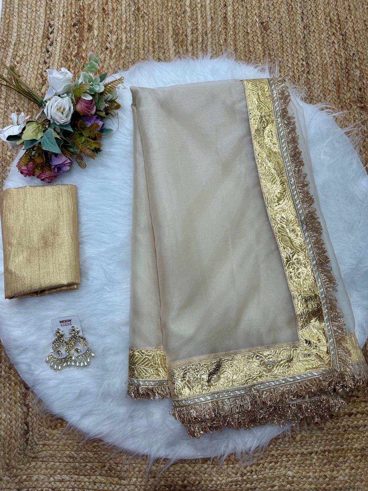 White Organza Saree with Metallic Golden Border