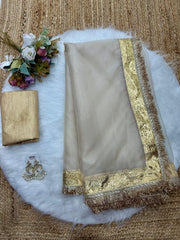 White Organza Saree with Metallic Golden Border