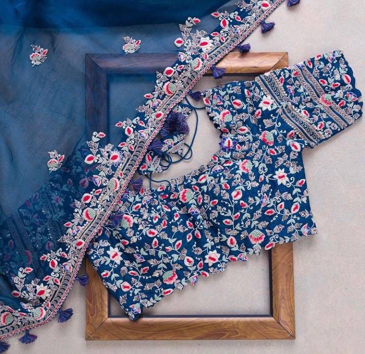 Navy Blue Georgette Saree with Pink & Silver Embroidery Work