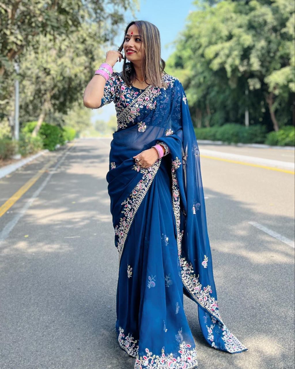 Navy Blue Georgette Saree with Pink & Silver Embroidery Work
