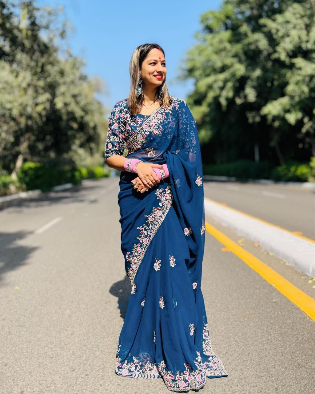 Navy Blue Georgette Saree with Pink & Silver Embroidery Work