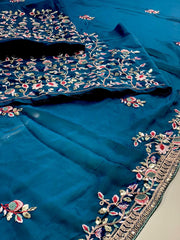 Navy Blue Georgette Saree with Pink & Silver Embroidery Work