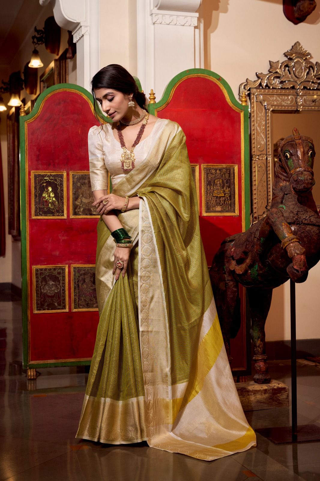 Olive Green & Off-White Kanjivaram Silk Saree with Zari Border