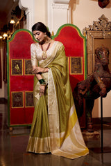 Olive Green & Off-White Kanjivaram Silk Saree with Zari Border