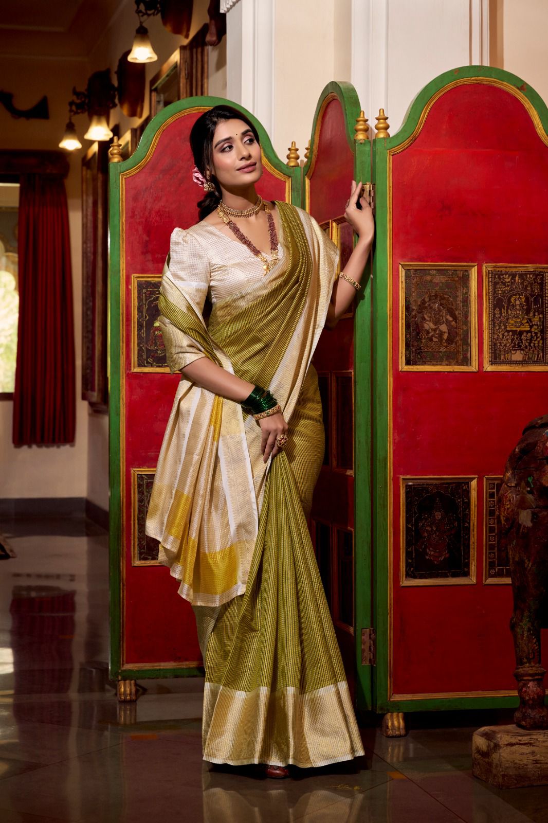 Olive Green & Off-White Kanjivaram Silk Saree with Zari Border