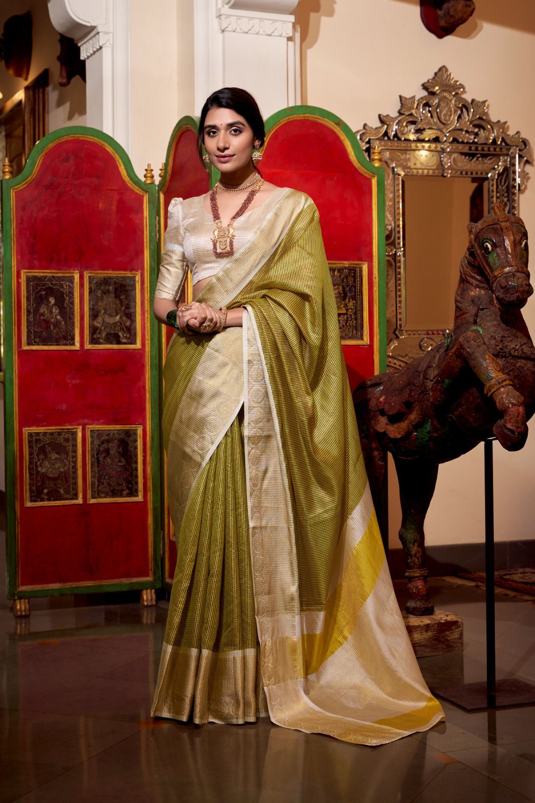 Olive Green & Off-White Kanjivaram Silk Saree with Zari Border