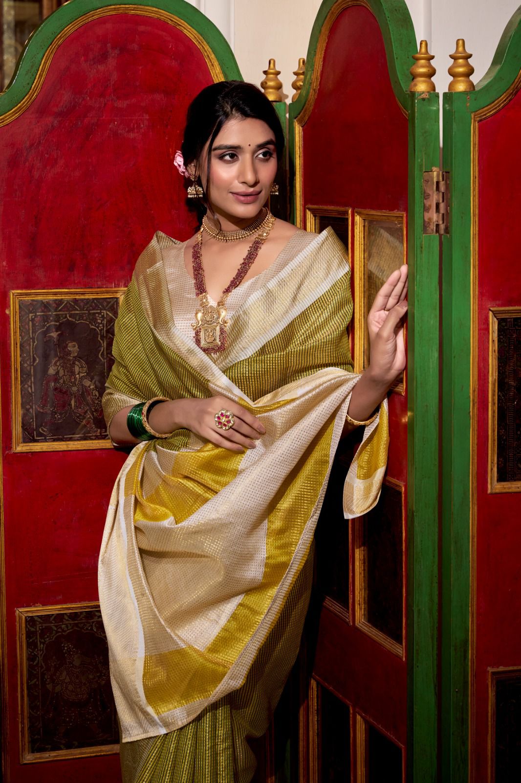 Olive Green & Off-White Kanjivaram Silk Saree with Zari Border