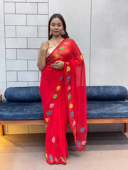 Red Organza Saree with Multicolor Leaf Embroidery & Blouse
