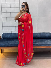 Red Organza Saree with Multicolor Leaf Embroidery & Blouse