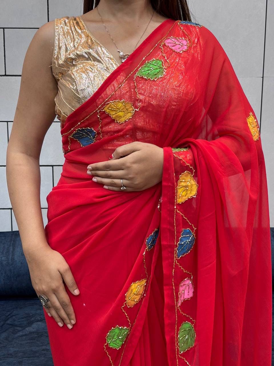 Red Organza Saree with Multicolor Leaf Embroidery & Blouse