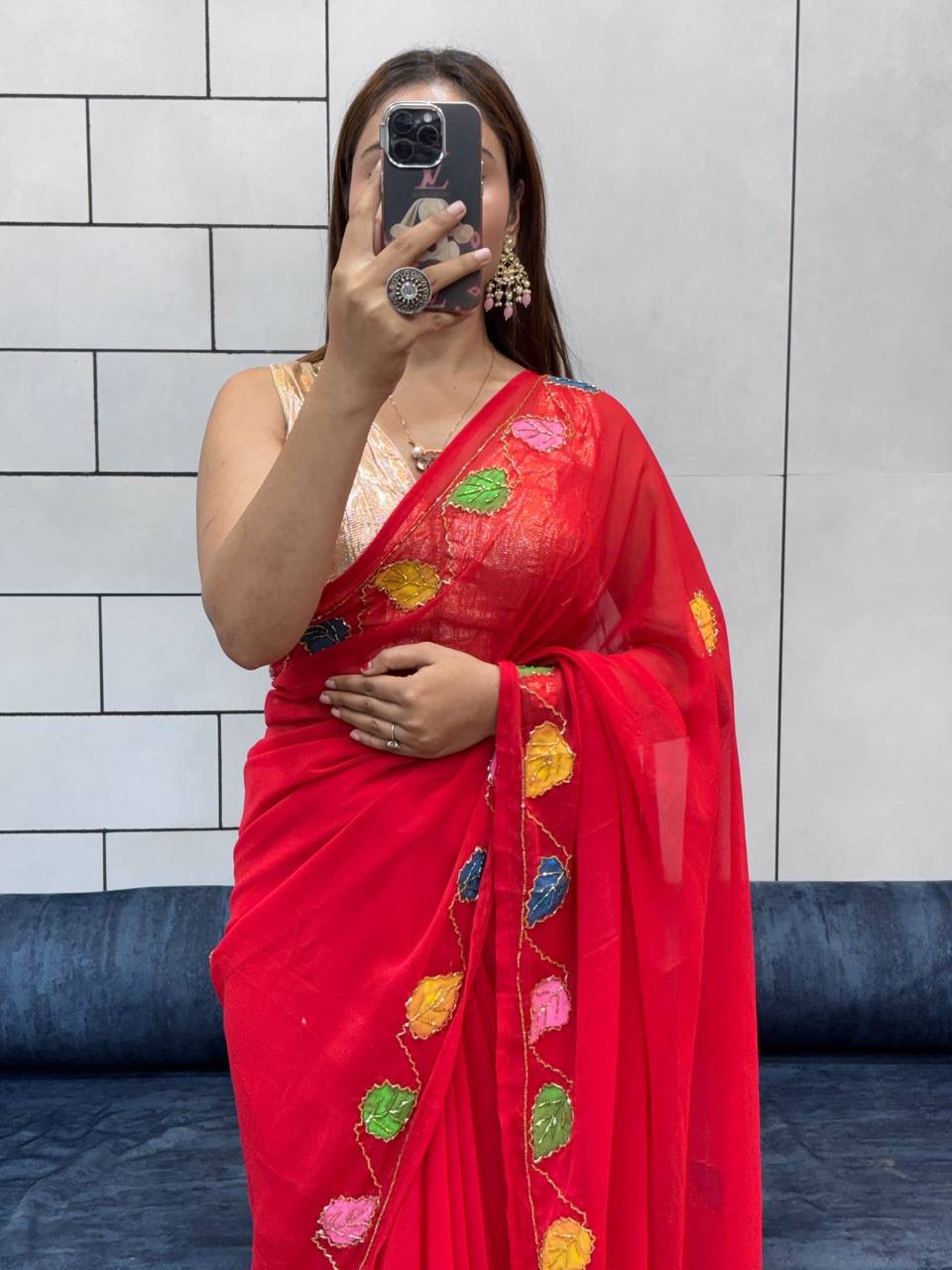 Red Organza Saree with Multicolor Leaf Embroidery & Blouse