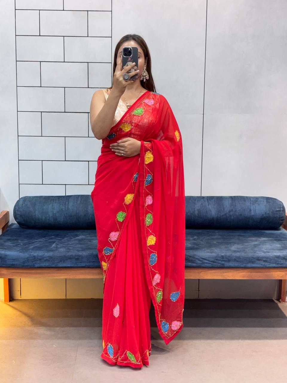 Red Organza Saree with Multicolor Leaf Embroidery & Blouse