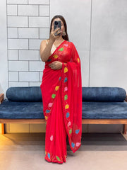 Red Organza Saree with Multicolor Leaf Embroidery & Blouse