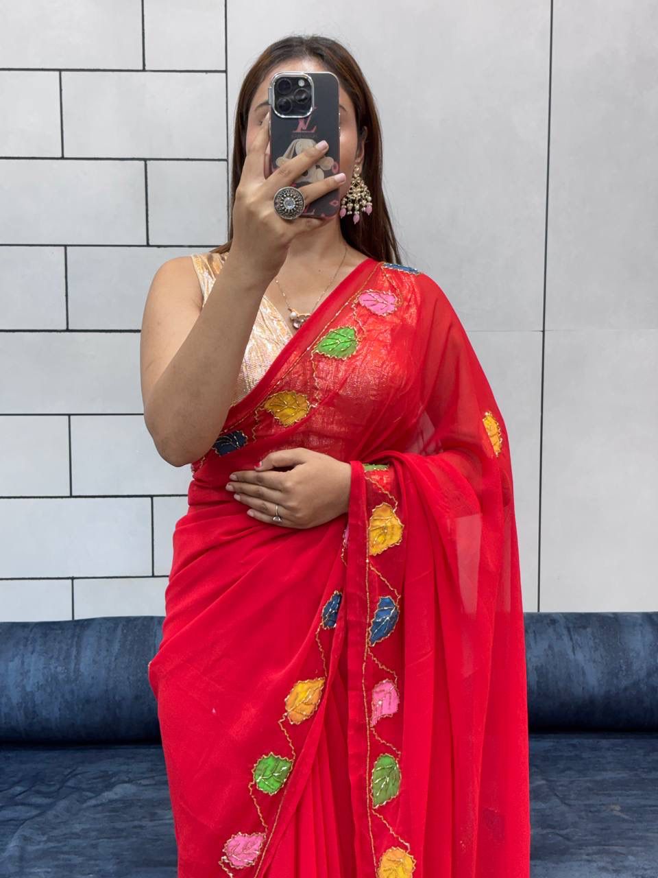 Red Organza Saree with Multicolor Leaf Embroidery & Blouse