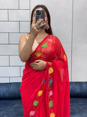Red Organza Saree with Multicolor Leaf Embroidery & Blouse