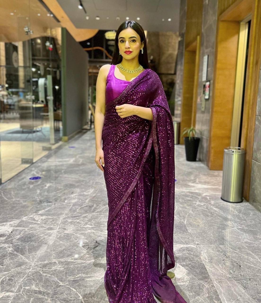 Purple Sequin Georgette Saree with Matching Blouse