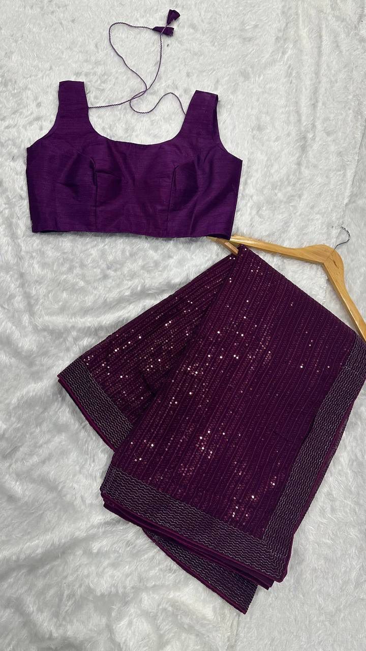 Purple Sequin Georgette Saree with Matching Blouse