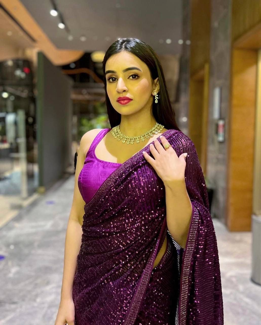 Purple Sequin Georgette Saree with Matching Blouse