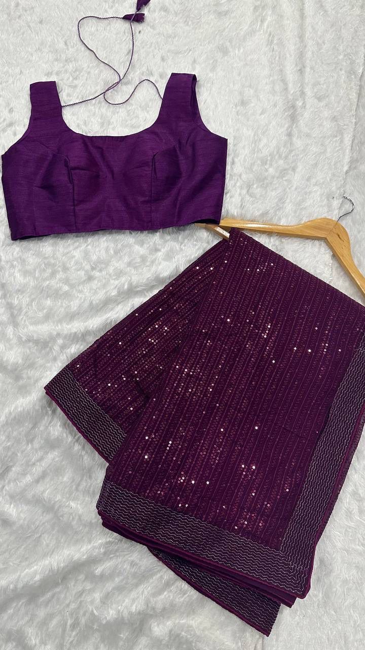 Purple Sequin Georgette Saree with Matching Blouse