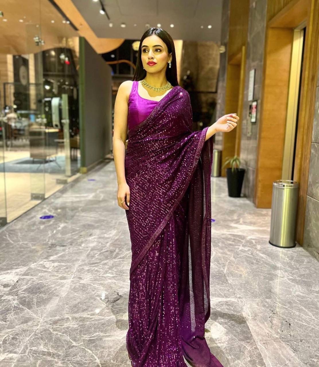 Purple Sequin Georgette Saree with Matching Blouse