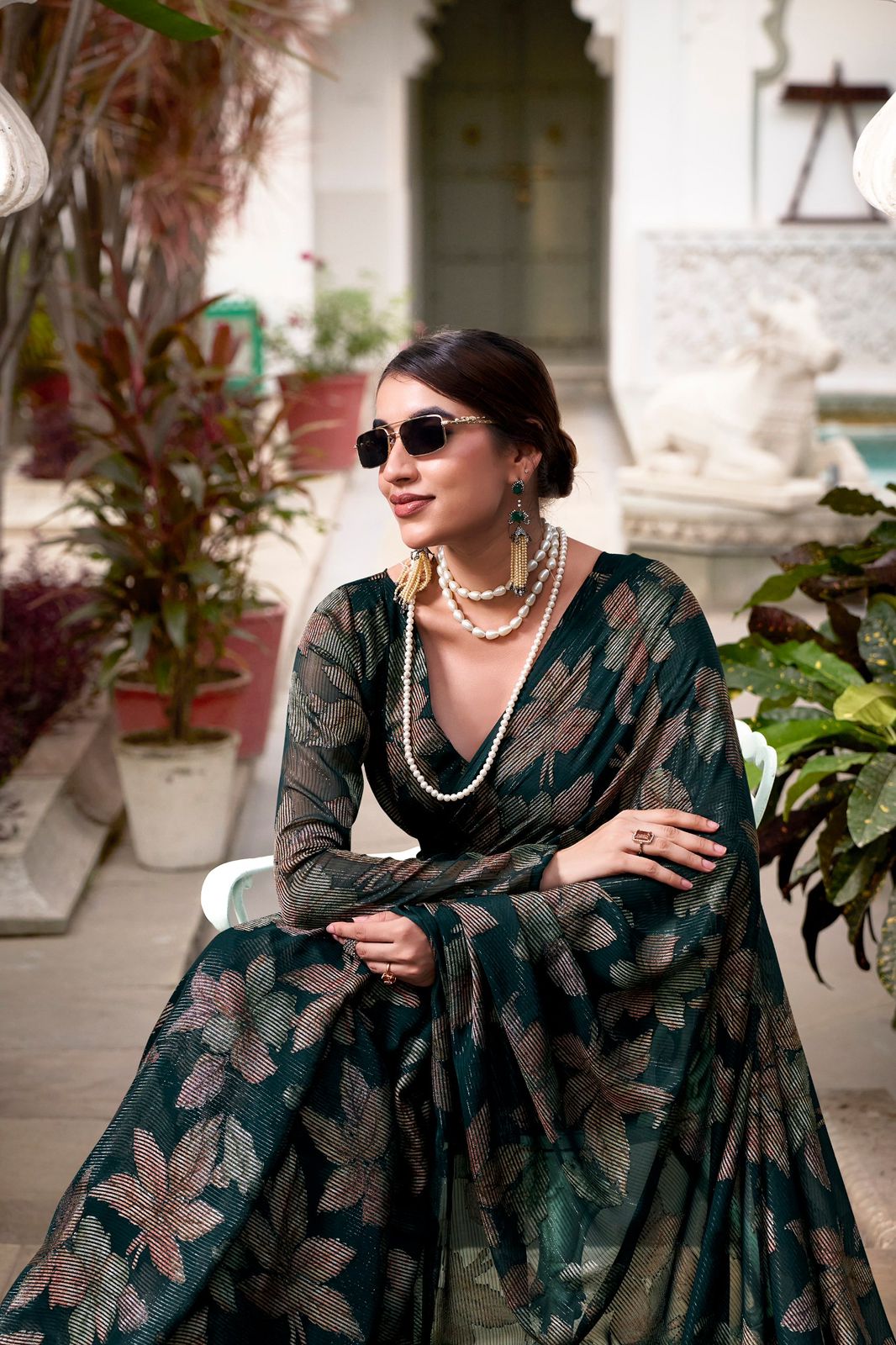 Navy Blue Faux Georgette Saree with Leaf Print & Stitched Blouse