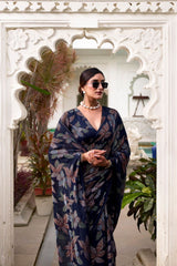 Navy Blue Faux Georgette Saree with Leaf Print & Stitched Blouse