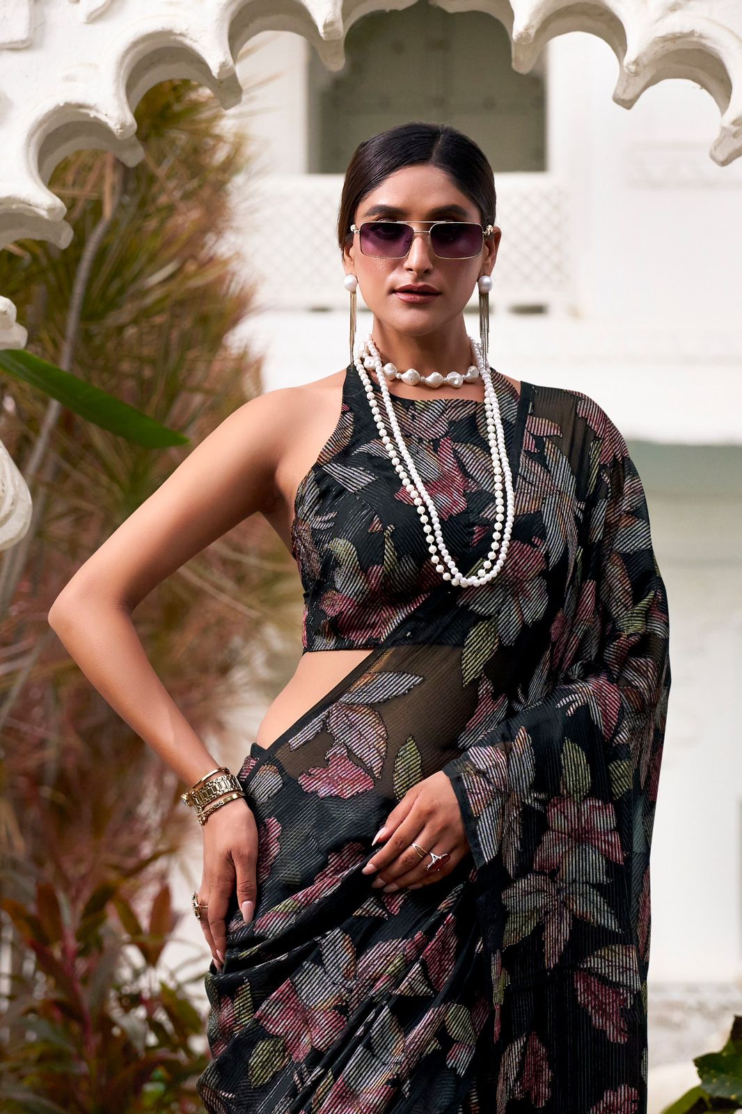 Navy Blue Faux Georgette Saree with Leaf Print & Stitched Blouse