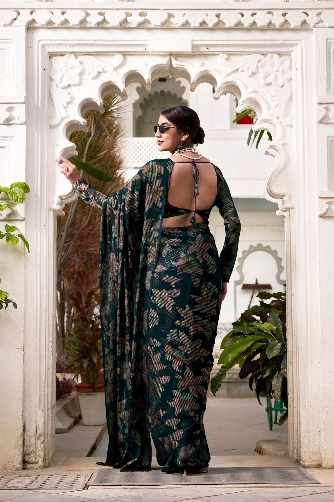 Navy Blue Faux Georgette Saree with Leaf Print & Stitched Blouse