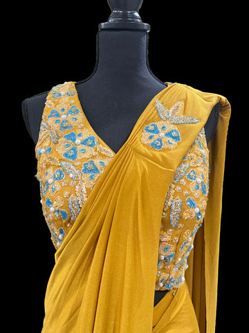 Ta la hi Collections Readymade Pre pleated Satin Silk Saree for Women, Partywear One Minute Pre Drape Women's Saree, Ready to Wear Saree with Stitched Blouse for Girls - Yellow/Talahi Collections