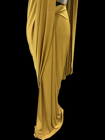 Ta la hi Collections Readymade Pre pleated Satin Silk Saree for Women, Partywear One Minute Pre Drape Women's Saree, Ready to Wear Saree with Stitched Blouse for Girls - Yellow/Talahi Collections