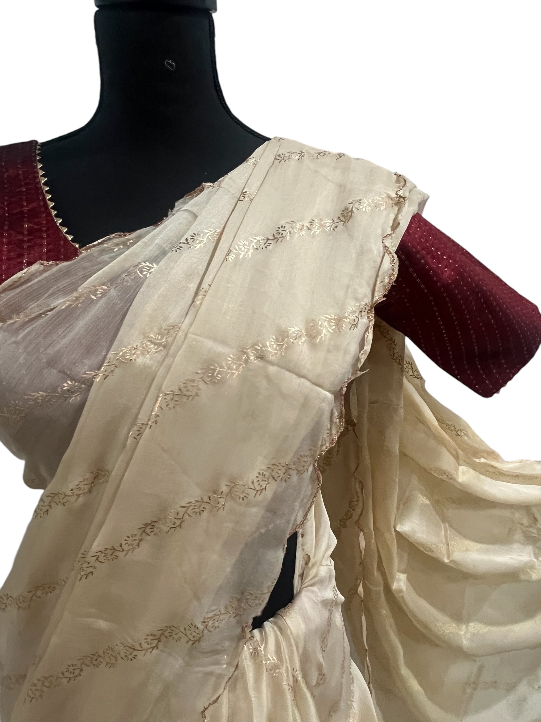Generic Ta la hi Collections Elegant Satin Silk saree with running blouse-Cream/Talahi Collections