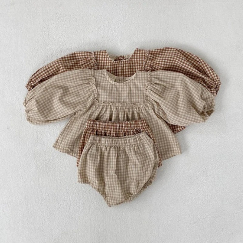 Spring Toddler Baby Girls Set Cotton Plaid Blouse and Shorts Sets for Kids Infant Outfits/Talahi Collections