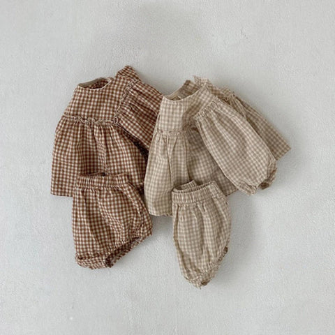 Spring Toddler Baby Girls Set Cotton Plaid Blouse and Shorts Sets for Kids Infant Outfits/Talahi Collections