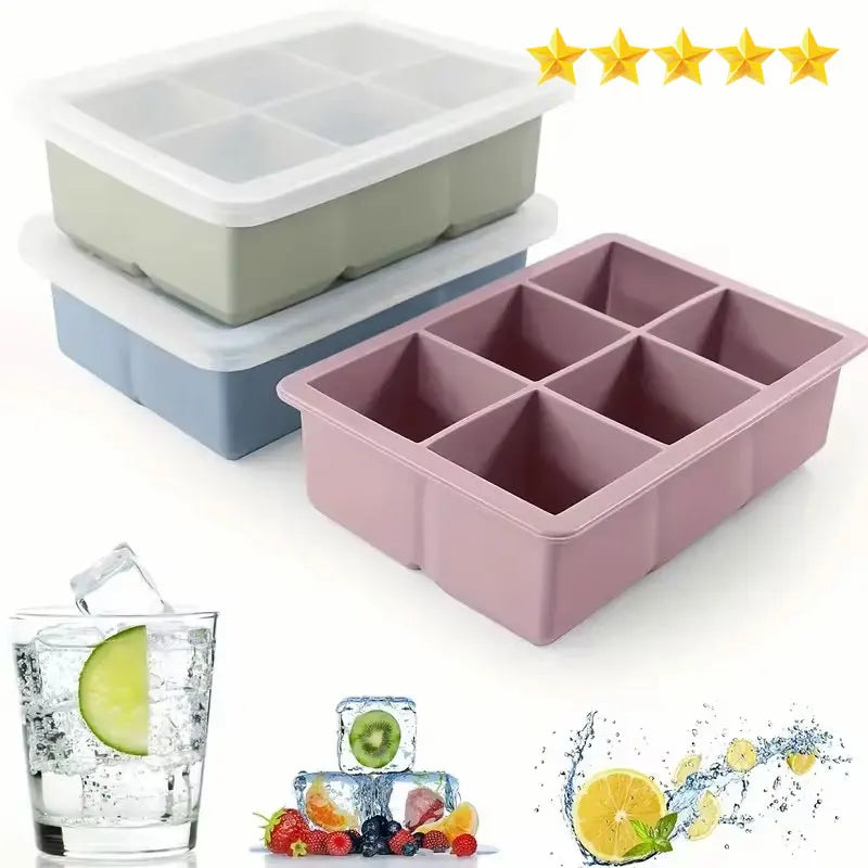 1pc, Ice Cube Tray With Lid, 6 Cavity Flexible Food Grade Silicone Ice Cube Mold, Ice Trays For Freezer/Talahi Collections
