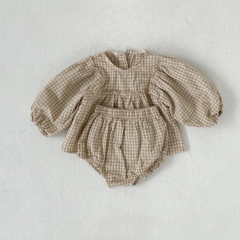 Spring Toddler Baby Girls Set Cotton Plaid Blouse and Shorts Sets for Kids Infant Outfits/Talahi Collections