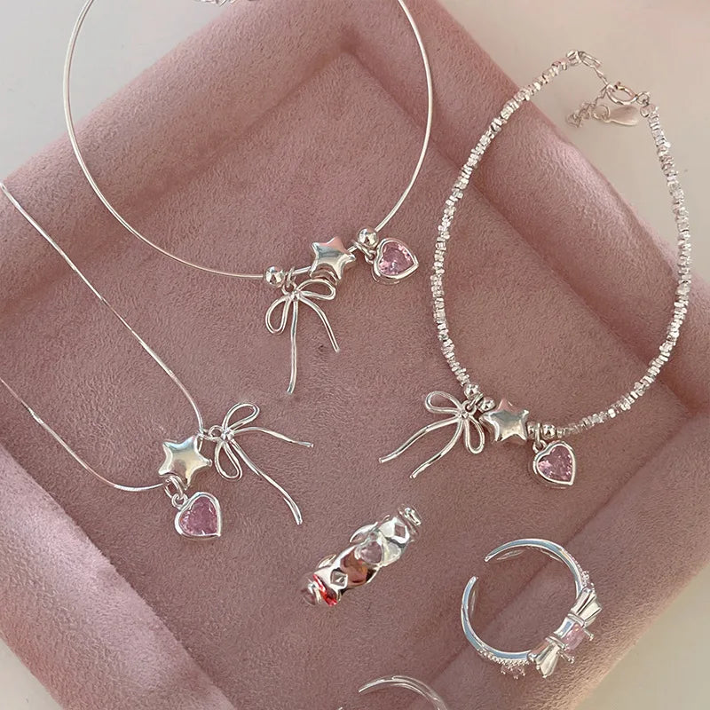 925 Sterling Silver Bracelet Bowtie Ribbon Pink Heart Star Cute Geometric For Woman Girl Fashion Jewelry Gift Dropship Wholesale/Talahi Collections