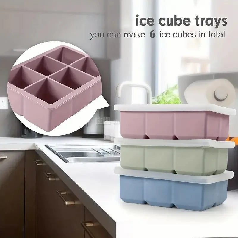 1pc, Ice Cube Tray With Lid, 6 Cavity Flexible Food Grade Silicone Ice Cube Mold, Ice Trays For Freezer/Talahi Collections