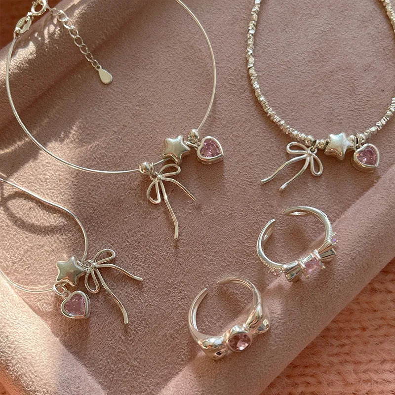 925 Sterling Silver Bracelet Bowtie Ribbon Pink Heart Star Cute Geometric For Woman Girl Fashion Jewelry Gift Dropship Wholesale/Talahi Collections