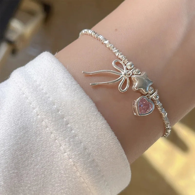 925 Sterling Silver Bracelet Bowtie Ribbon Pink Heart Star Cute Geometric For Woman Girl Fashion Jewelry Gift Dropship Wholesale/Talahi Collections