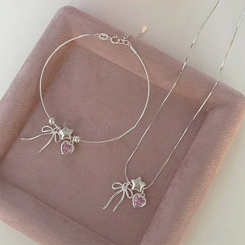925 Sterling Silver Bracelet Bowtie Ribbon Pink Heart Star Cute Geometric For Woman Girl Fashion Jewelry Gift Dropship Wholesale/Talahi Collections