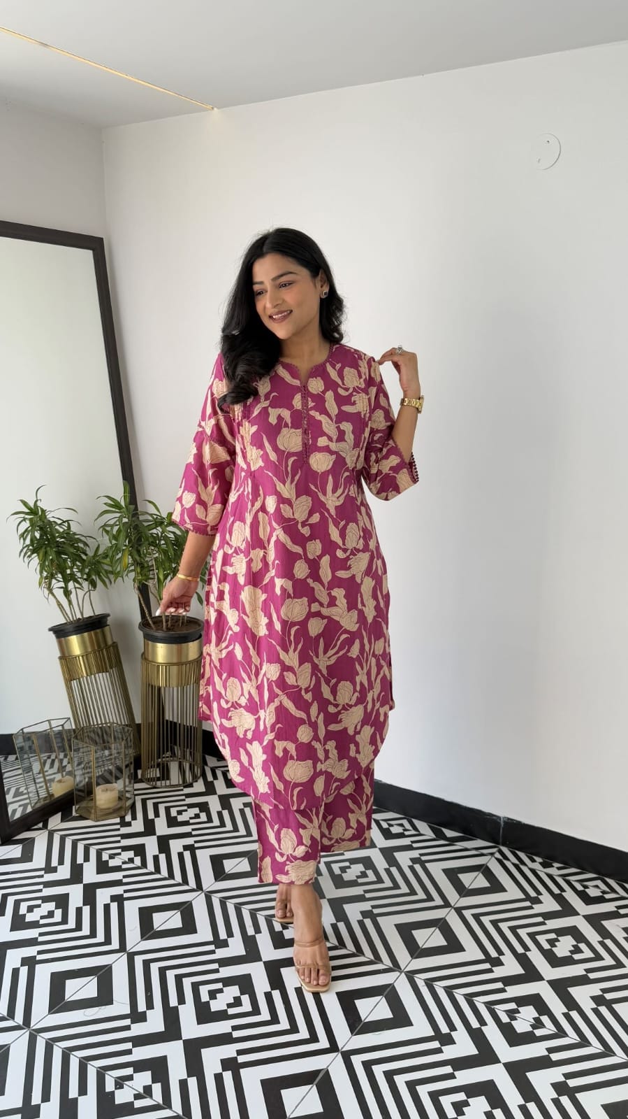 Beautiful Cotton A-line side cut kurta & pant..set