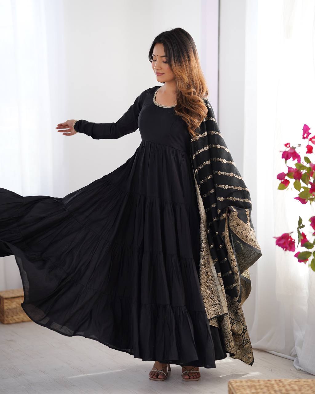 Black Tiered Cotton Anarkali Suit with Zari Work Dupatta – Elegant Festive Wear
