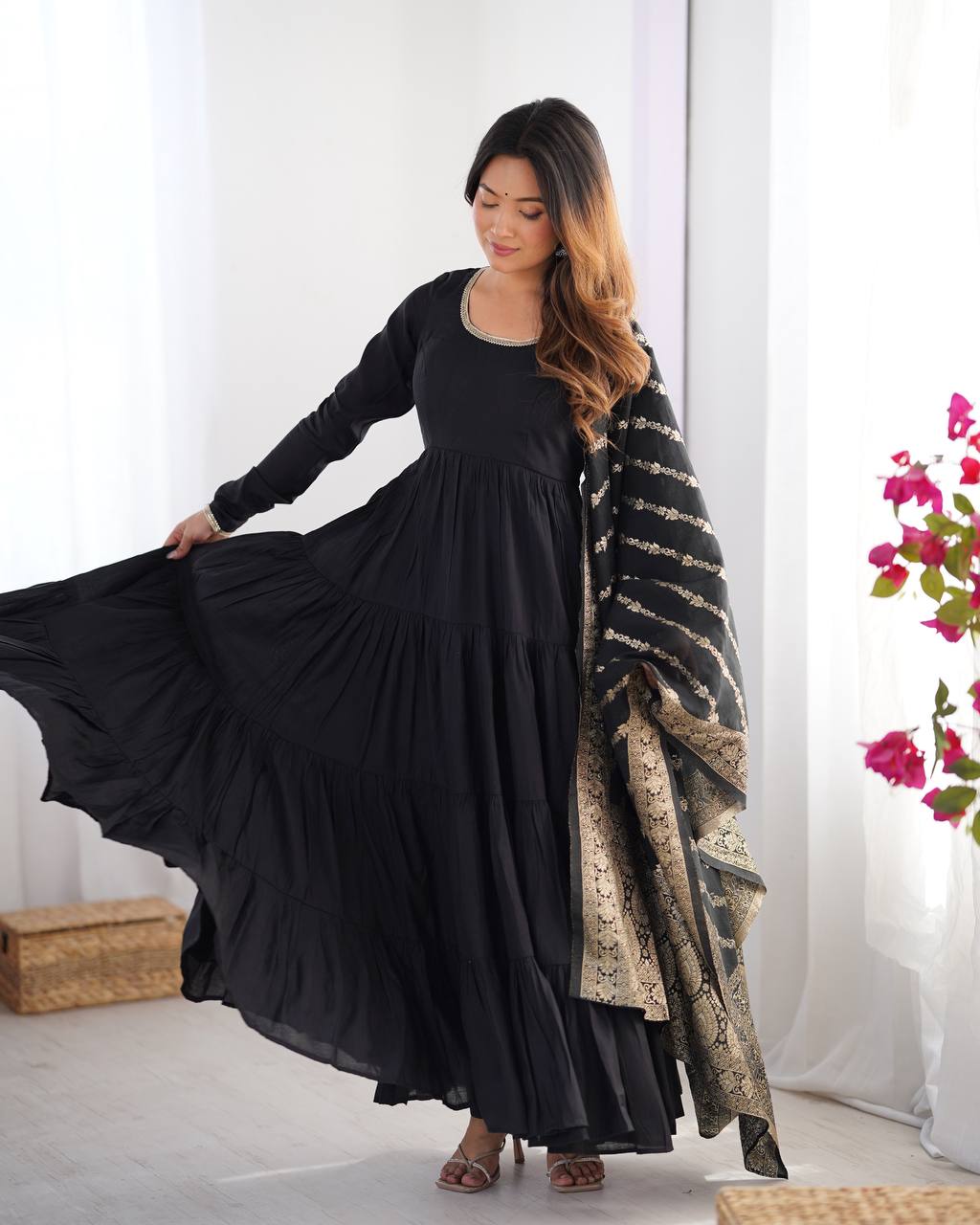 Black Tiered Cotton Anarkali Suit with Zari Work Dupatta – Elegant Festive Wear