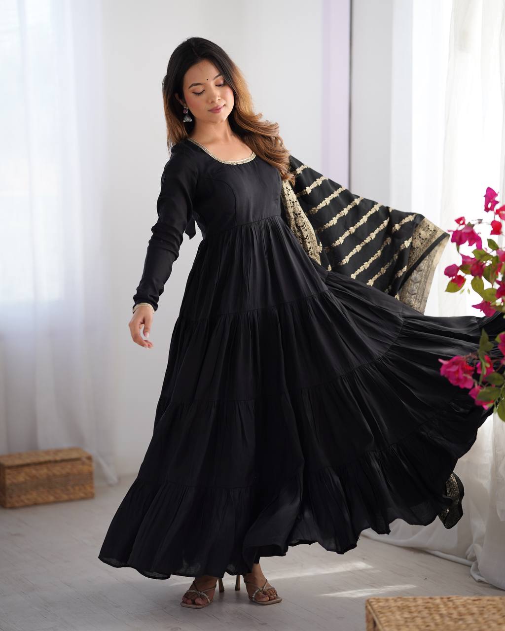 Black Tiered Cotton Anarkali Suit with Zari Work Dupatta – Elegant Festive Wear