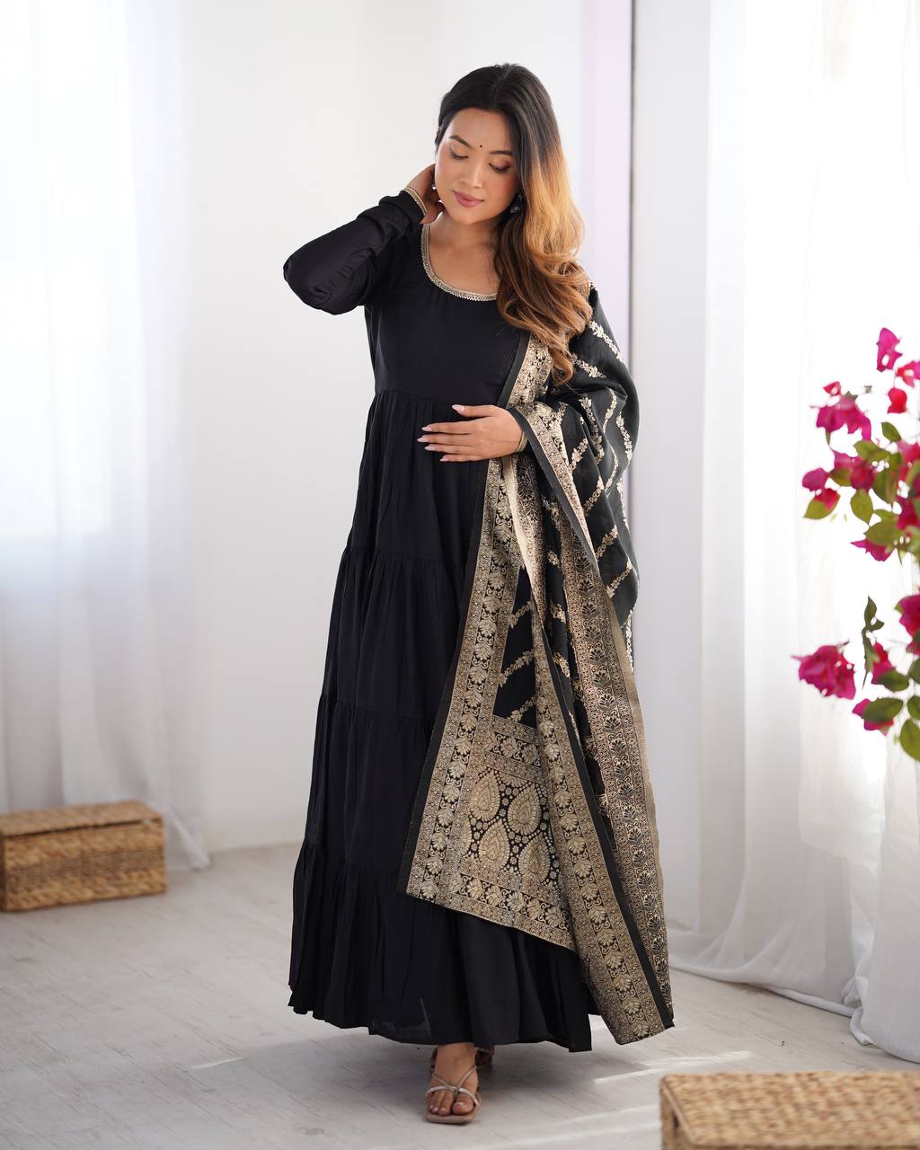 Black Tiered Cotton Anarkali Suit with Zari Work Dupatta – Elegant Festive Wear