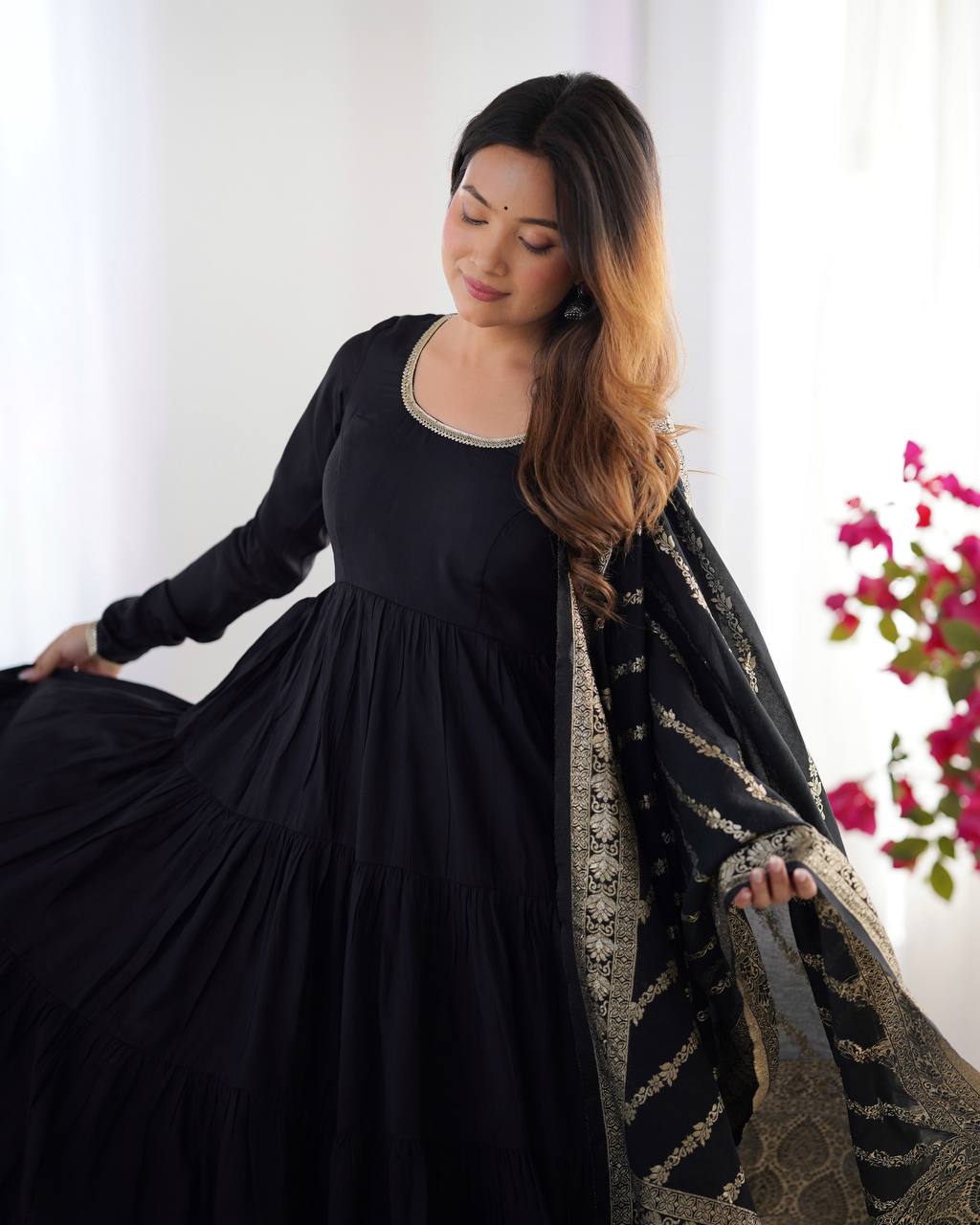 Black Tiered Cotton Anarkali Suit with Zari Work Dupatta – Elegant Festive Wear