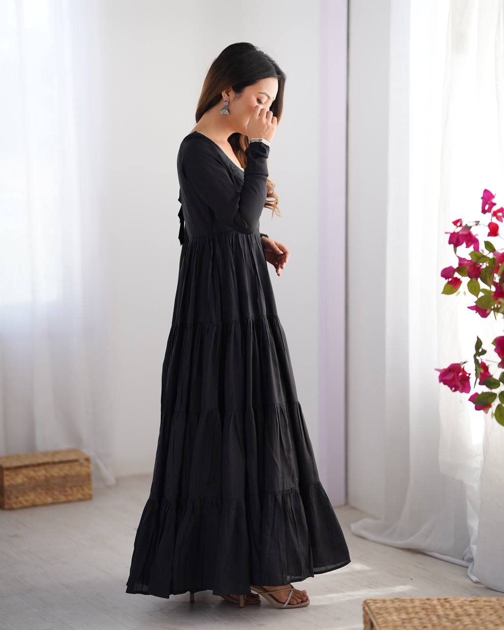 Black Tiered Cotton Anarkali Suit with Zari Work Dupatta – Elegant Festive Wear