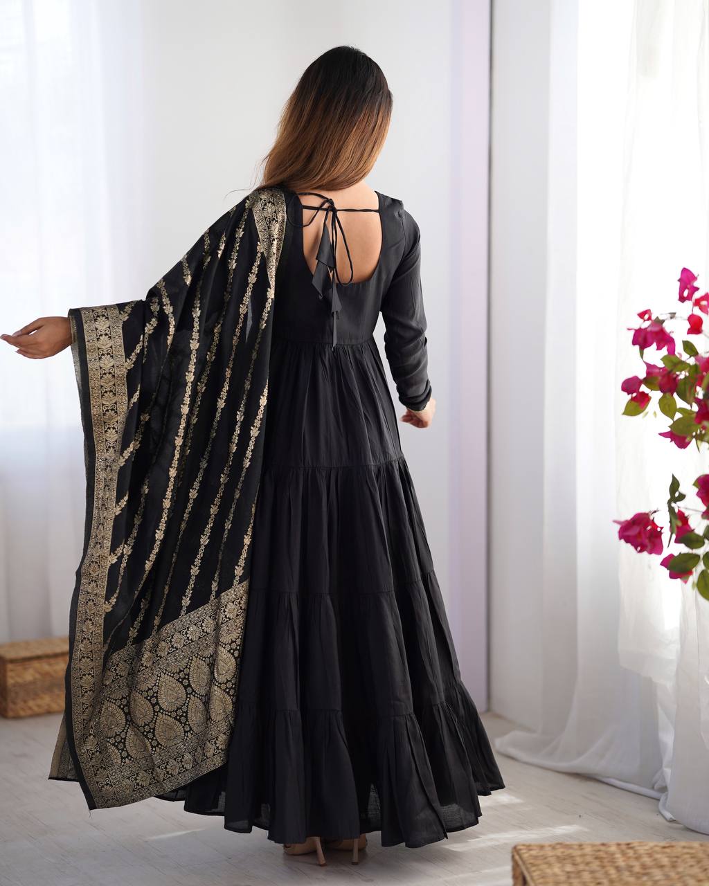 Black Tiered Cotton Anarkali Suit with Zari Work Dupatta – Elegant Festive Wear