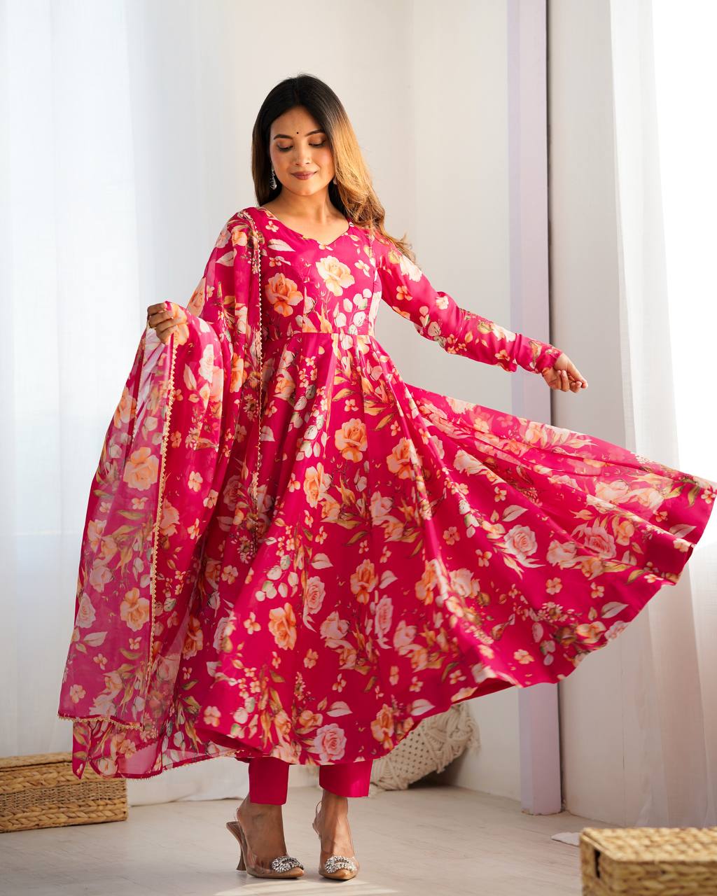 Pink Floral Anarkali Suit with Dupatta